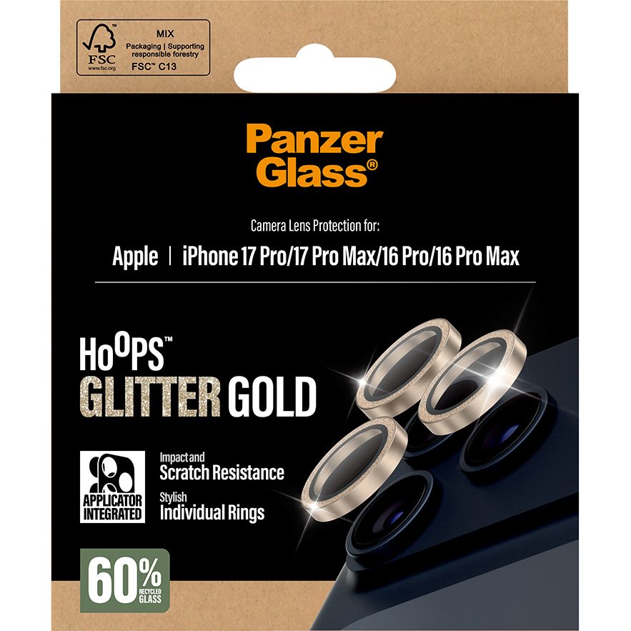 Szkło hartowane na aparat z aplikatorem PanzerGlass Hoops Glitter Gold Camera Lens Protector do iPhone 17 Pro Max / 17 Pro / 16 Pro Max / 16 Pro, przezroczysto-złote