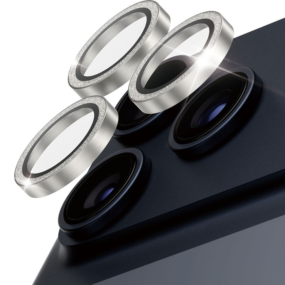 Szkło hartowane na aparat z aplikatorem PanzerGlass Hoops Glitter Silver Camera Lens Protector do iPhone 17 Pro Max / 17 Pro / 16 Pro Max / 16 Pro, przezroczysto-srebrne