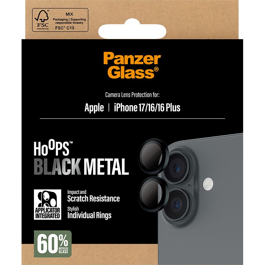 Pojedyncze lensy ze szkła hartowanego i aluminium na aparat z aplikatorem PanzerGlass Hoops do iPhone 17 / 16 Plus / 16, przezroczysto-czarne