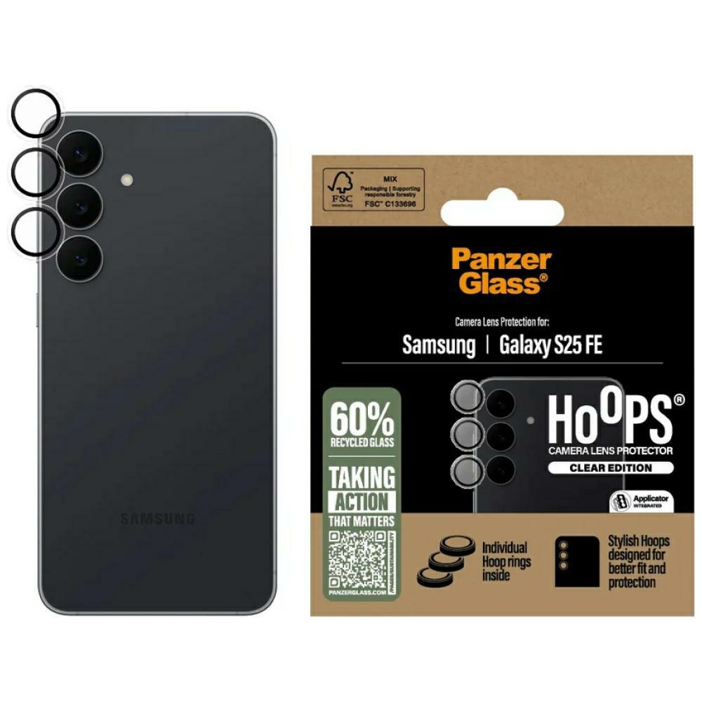 Pojedyncze lensy ze szkła hartowanego i aluminium na aparat PanzerGlass Hoops z aplikatorem do Galaxy S25 FE, przezroczyste z czarną ramką