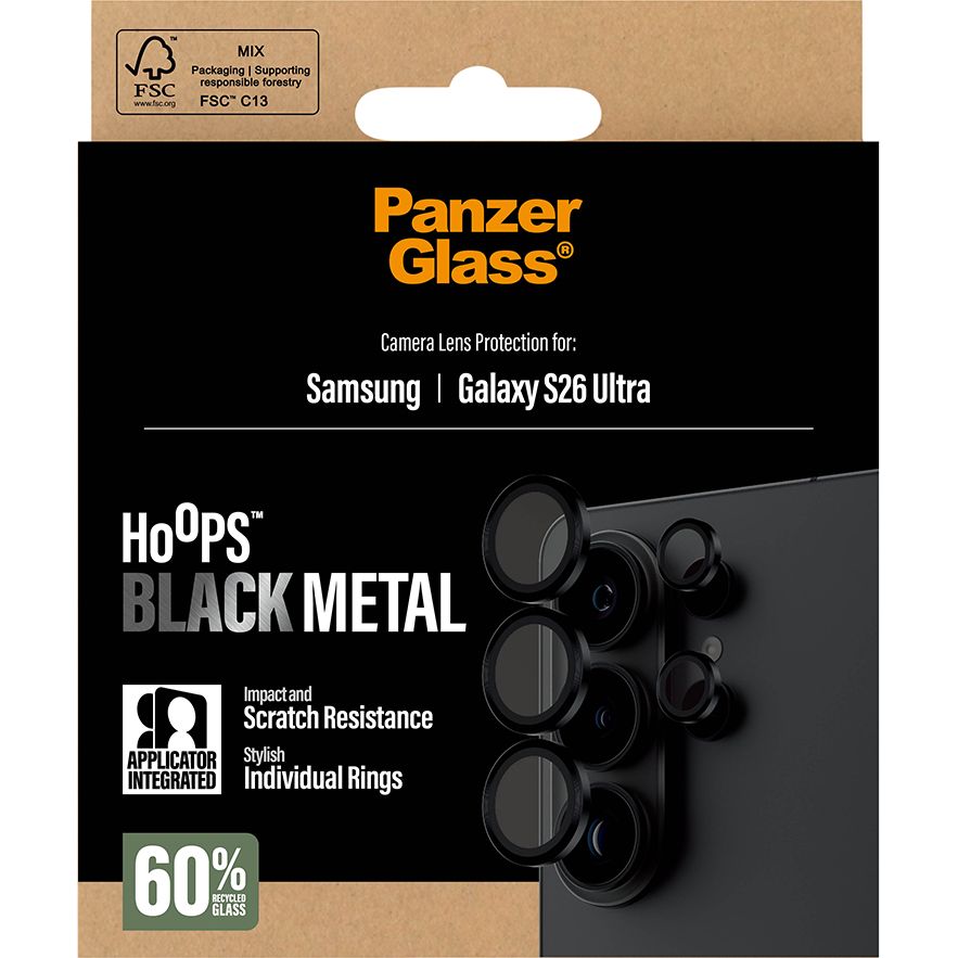 Pojedyncze lensy ze szkła hartowanego i aluminium na aparat z aplikatorem PanzerGlass Hoops do Galaxy S26 Ultra, przezroczysto-czarne