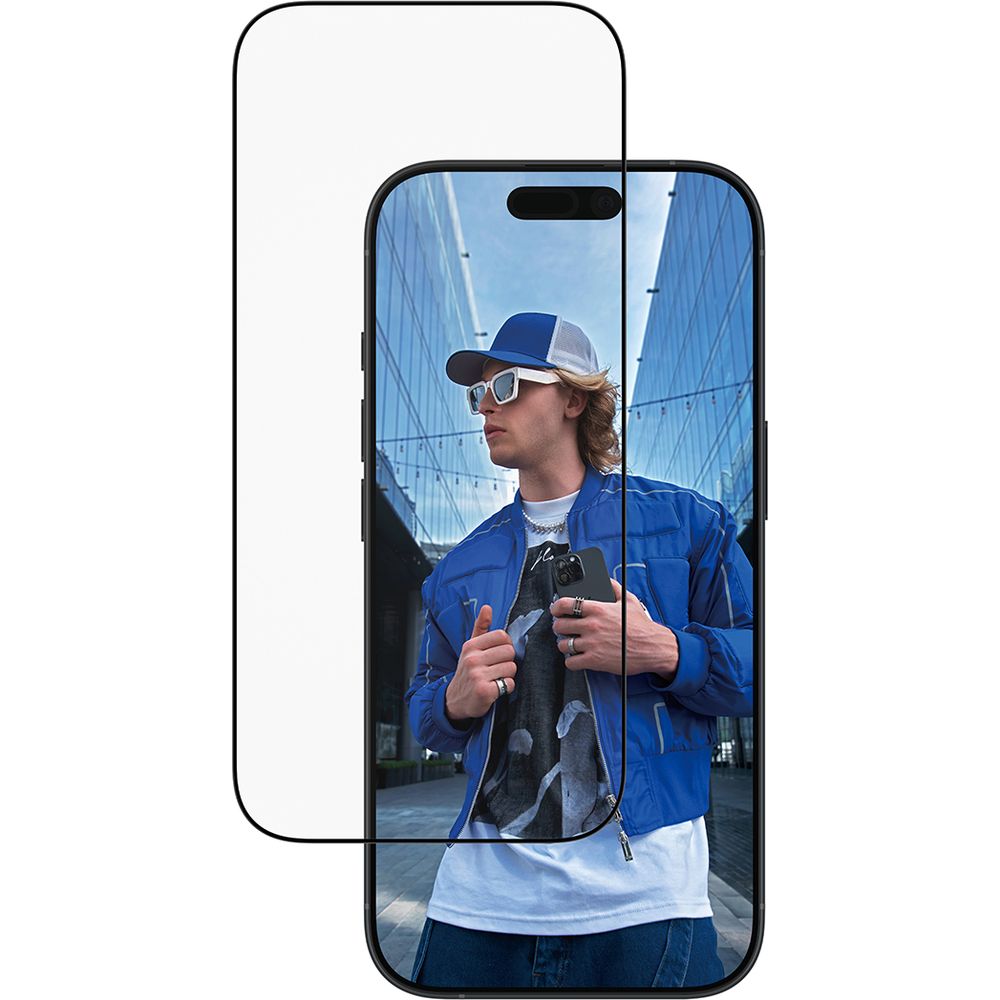 Szkło hartowane PanzerGlass Ultra-Wide Fit + EasyAligner do iPhone 17 / 16 Pro, przezroczyste z czarną ramką.