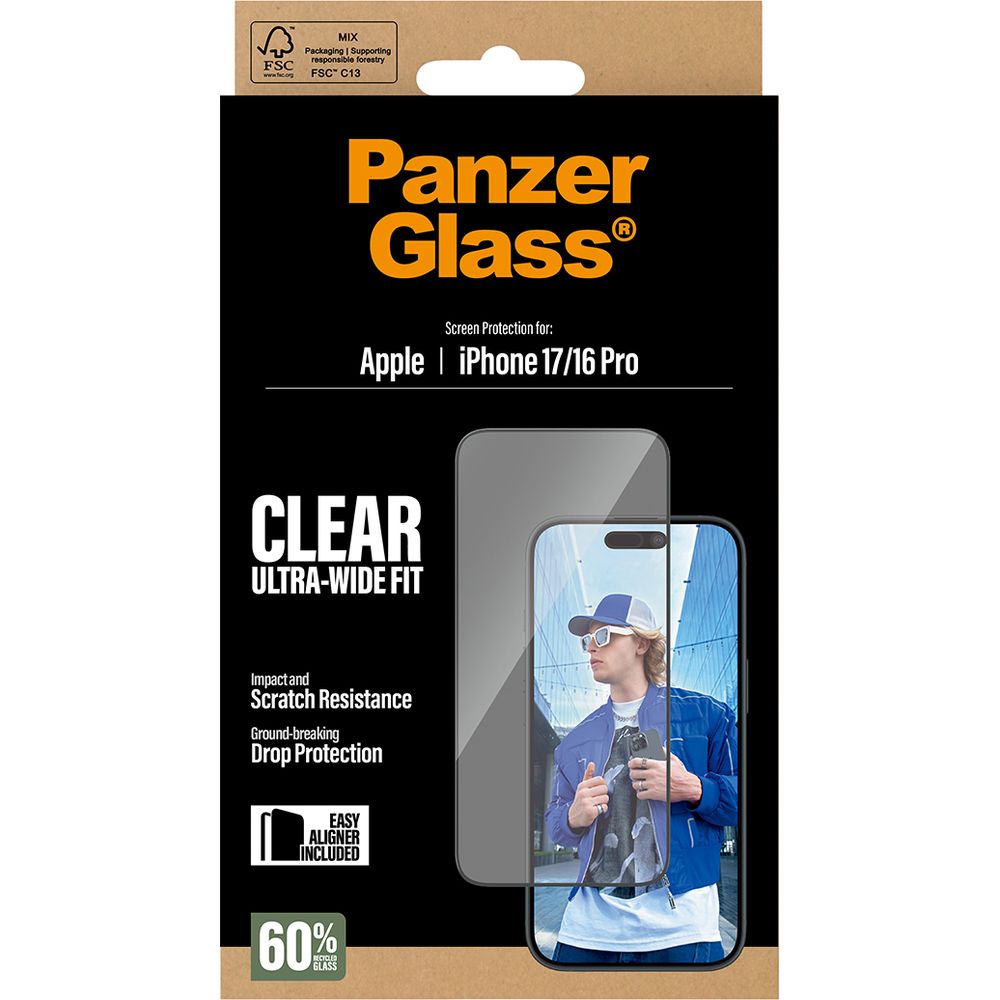 Szkło hartowane PanzerGlass Ultra-Wide Fit + EasyAligner do iPhone 17 / 16 Pro, przezroczyste z czarną ramką.