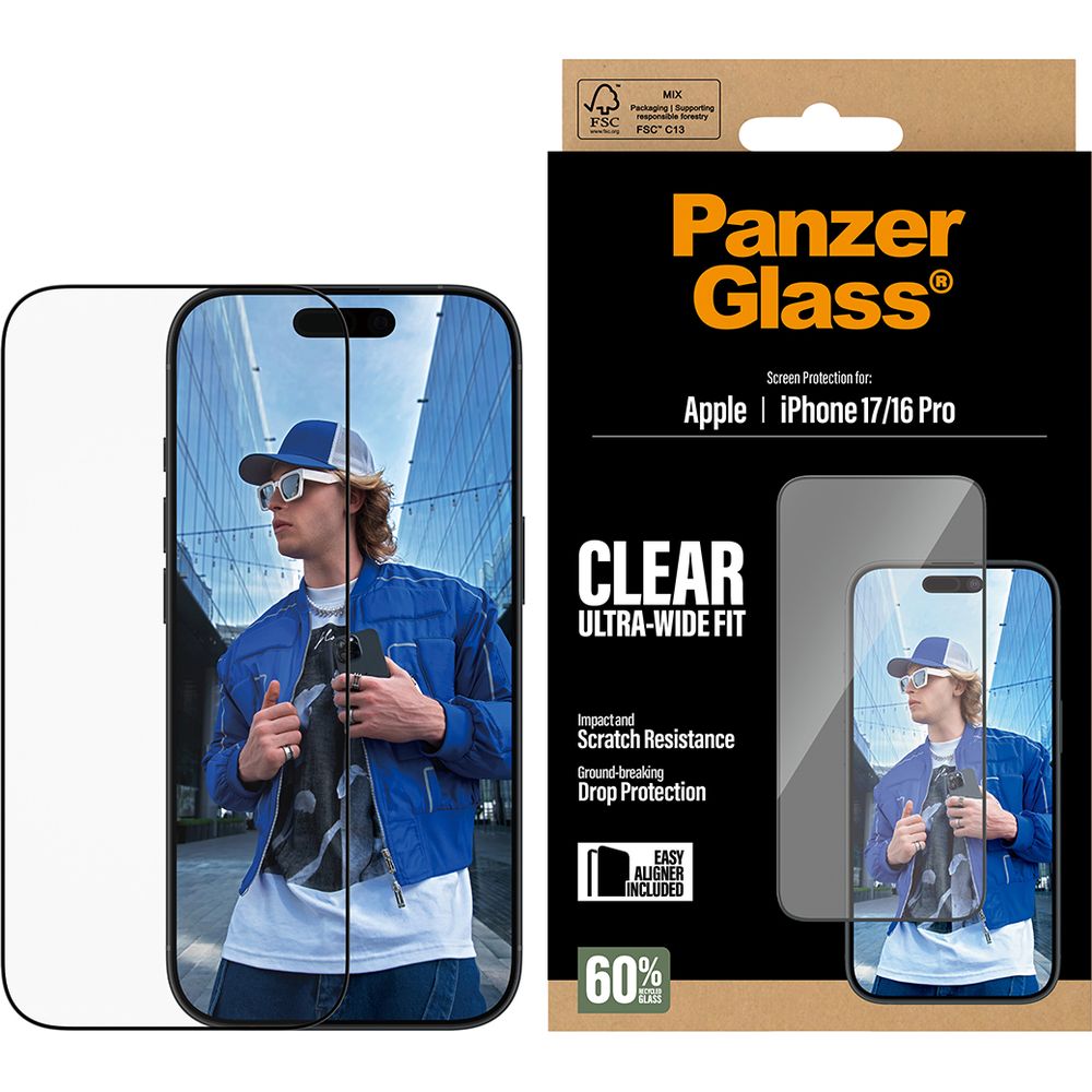Szkło hartowane PanzerGlass Ultra-Wide Fit + EasyAligner do iPhone 17 / 16 Pro, przezroczyste z czarną ramką.