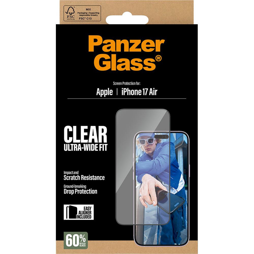Szkło hartowane PanzerGlass Ultra-Wide Fit + EasyAligner do Apple iPhone Air, przezroczyste z czarną ramką.