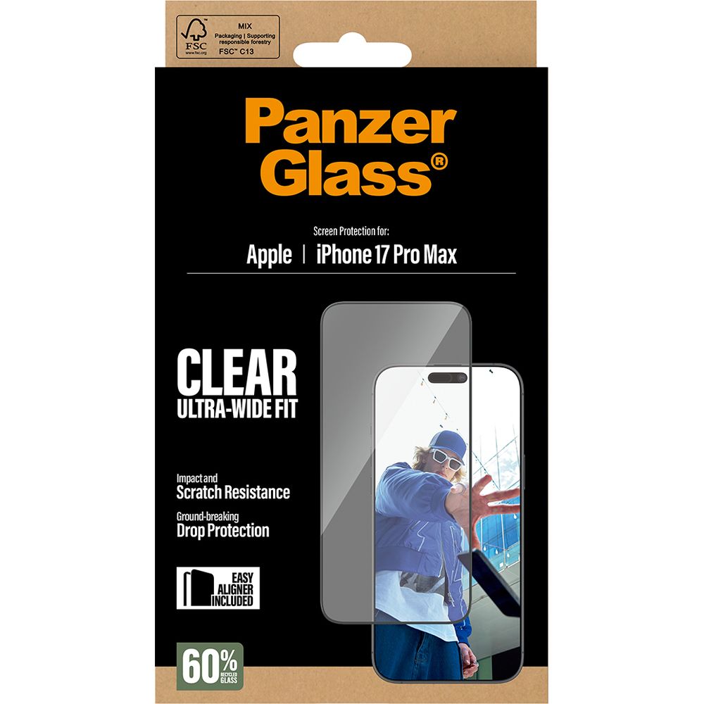 Szkło hartowane PanzerGlass Ultra-Wide Fit + EasyAligner do iPhone 17 Pro Max, przezroczyste z czarną ramką.