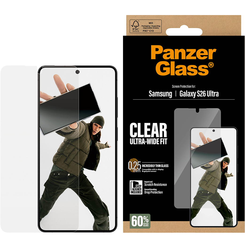 Szkło hartowane PanzerGlass Ultra-Wide Fit + EasyAligner do Galaxy S26 Ultra, przezroczyste.