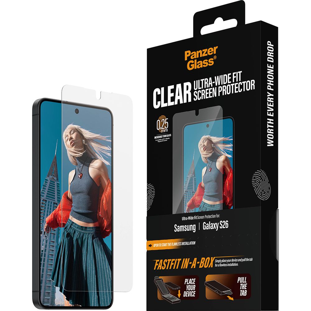 PanzerGlass Clear Ultra-Wide Fit Fastfit, szkło reagujące na odcisk palca, szybka ze wsparciem dla czytnika linii papilarnych, przezroczyste