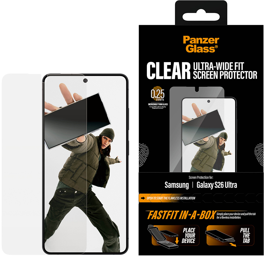 PanzerGlass Clear Ultra-Wide Fit Fastfit, odporność na zarysowania, kompatybilność z etui, powłoka oleofobowa, łatwość czyszczenia, przezroczyste