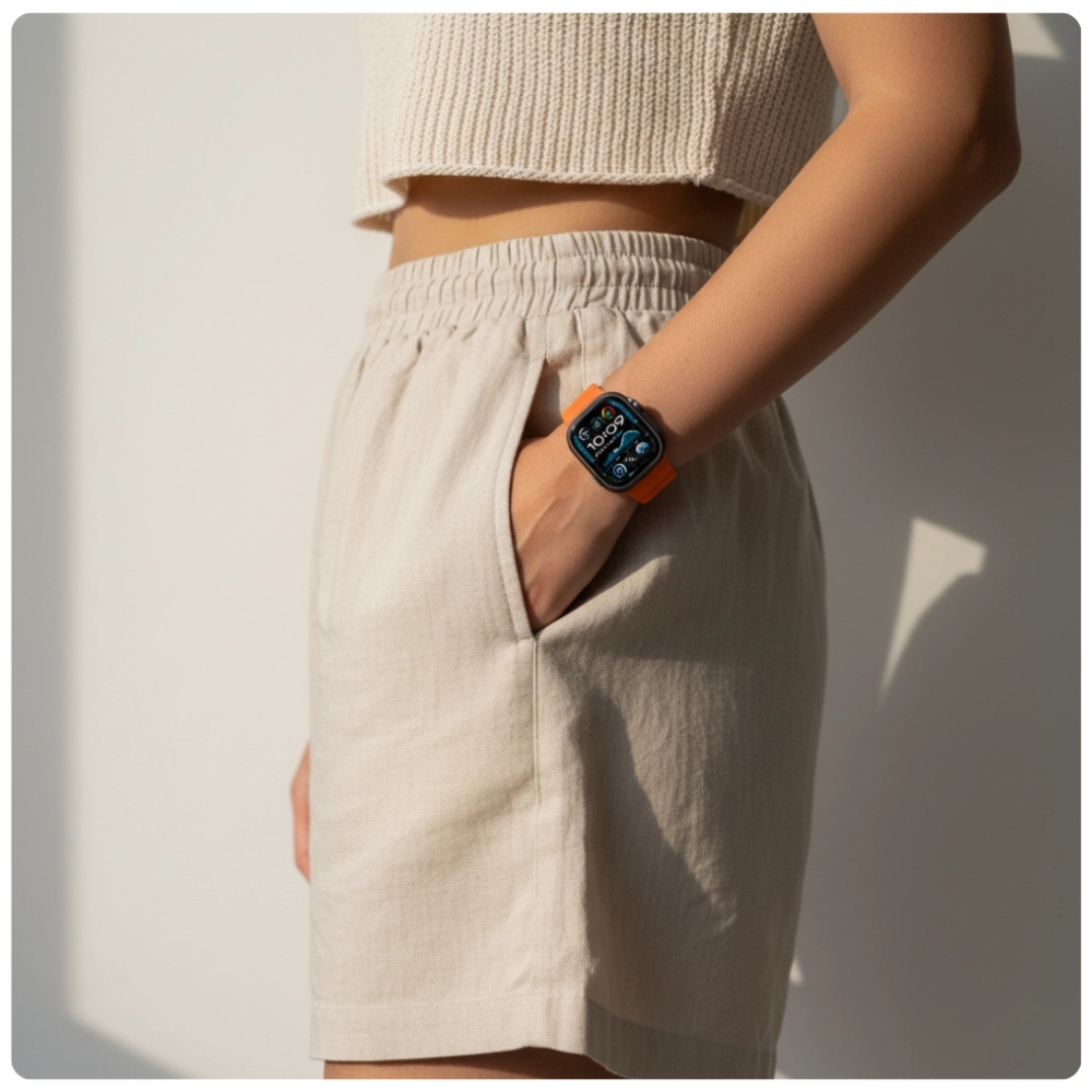 Pomarańczowy pasek YAXO Rugged Evo do Apple Watch w codziennej stylizacji