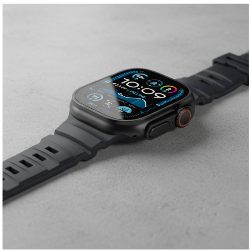 Czarny pasek sportowy YAXO Rugged Evo zamontowany w zegarku Apple Watch
