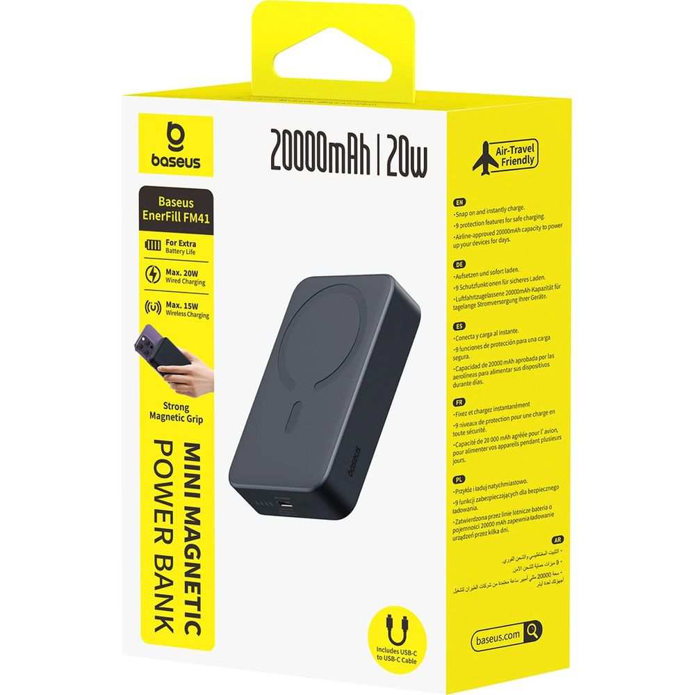 Baseus EnerFill FM41, mocny powerbank indukcyjny z szybkim MagSafe, trwały, czarny