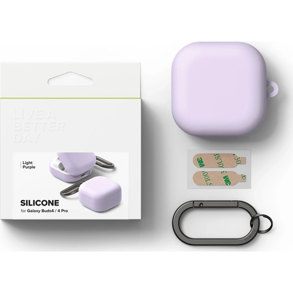 Etui Ringke Silicone Case do Galaxy Buds 4 / 4 Pro, lawendowe. Wyposażono je w praktyczny karabińczyk, który umożliwia bezpieczne mocowanie do kluczy lub smyczy.