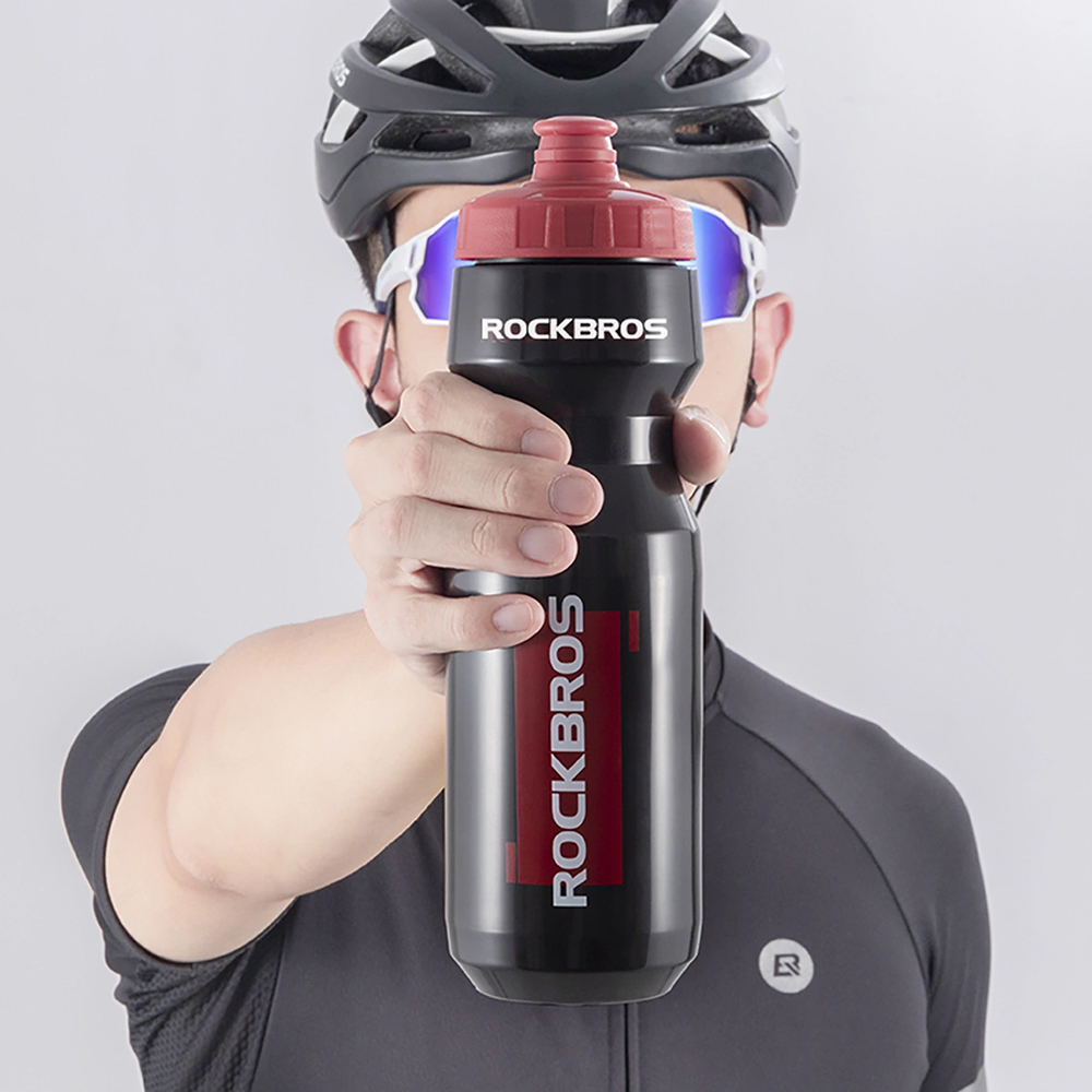 Rockbros Bidon 750ml, ergonomiczny bidon rowerowy na długie trasy, przezroczysto-czarny z czerwonym ustnikiem