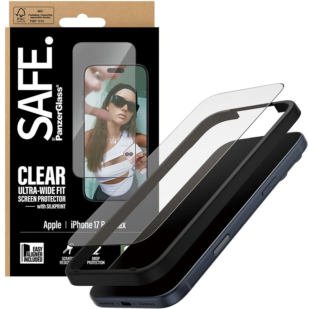 Szkło hartowane z aplikatorem SAFE by PanzerGlass Ultra-Wide Fit + EasyAligner do iPhone 17 Pro Max, przezroczyste z czarną ramką