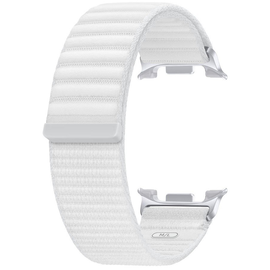 Oryginalny pasek marki Samsung z serii Fabric Band do Samsung Galaxy Watch 8 / 8 Classic, biały. Stylowa opaska M/L na smartwatcha świetnie ozdobi Twój nadgarstek.