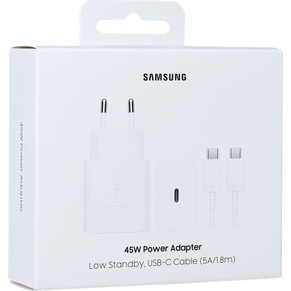 Ładowarka sieciowa GaN USB-C PD, PPS, 45W, Samsung Power Adapter, kabel USB-C 1,8 m, biała