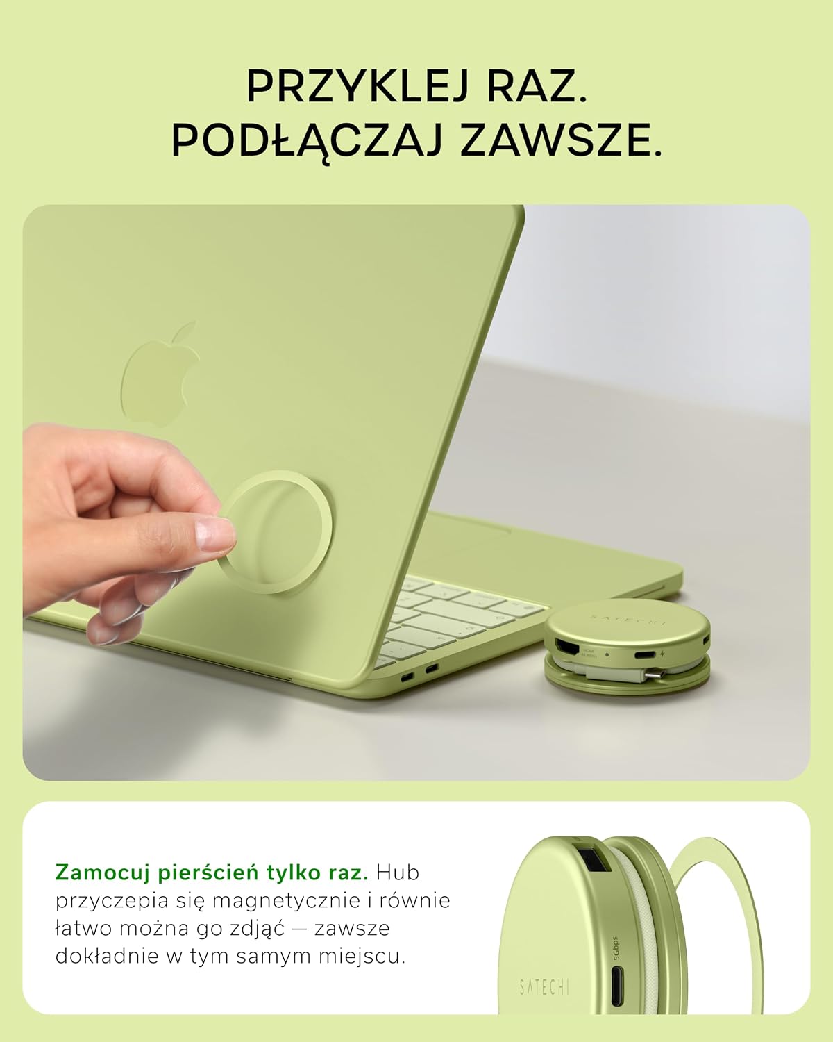 Magnetyczne mocowanie adaptera Satechi OntheGo 5-in-1 do MacBooka Neo i iPhone MagSafe