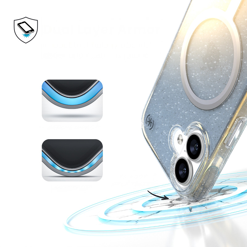 Etui z pierścieniem MagSafe Speck Presidio Lux MagSafe do iPhone 17, niebieskie brokatowe