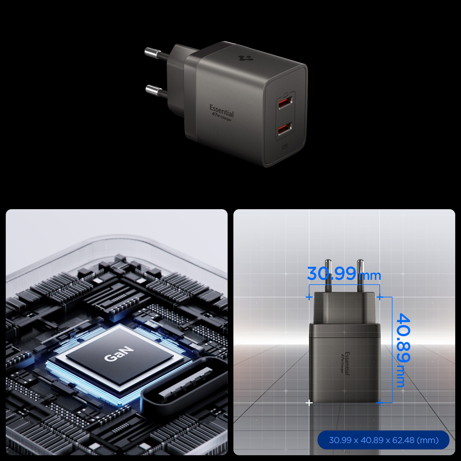 Ładowarka sieciowa Spigen Essential Wall Charger EE472EU GaN 47W z dwoma portami USB-C, szara