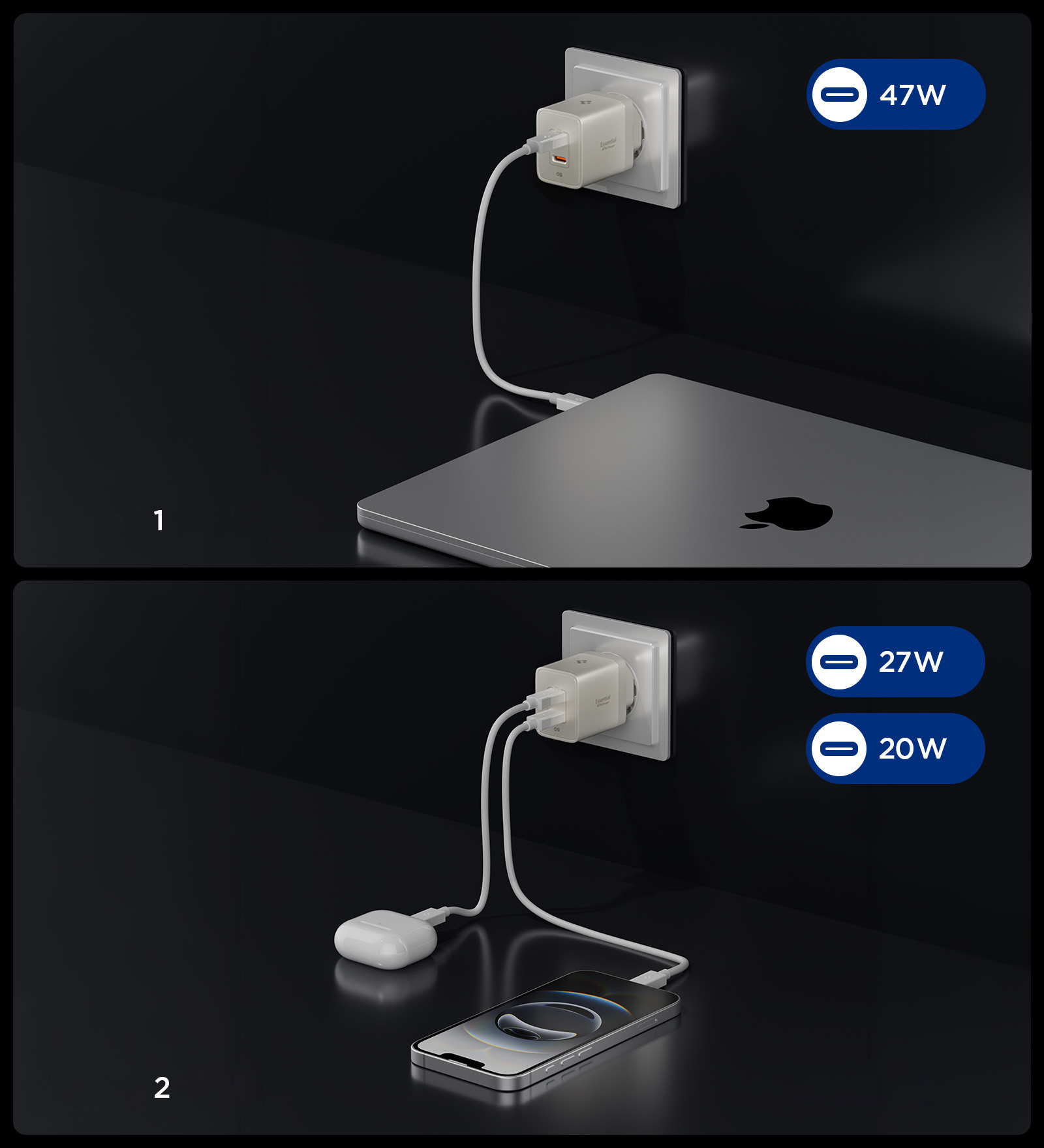 Ładowarka sieciowa Spigen Essential Wall Charger EE472EU GaN 47W z dwoma portami USB-C, beżowa