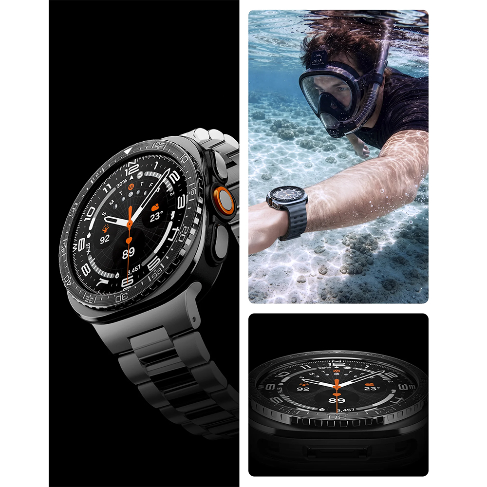 Spigen Bezel Tune, solidna metalowa konstrukcja dla bezpieczeństwa smartwatcha, elegancka, czarno-srebrny