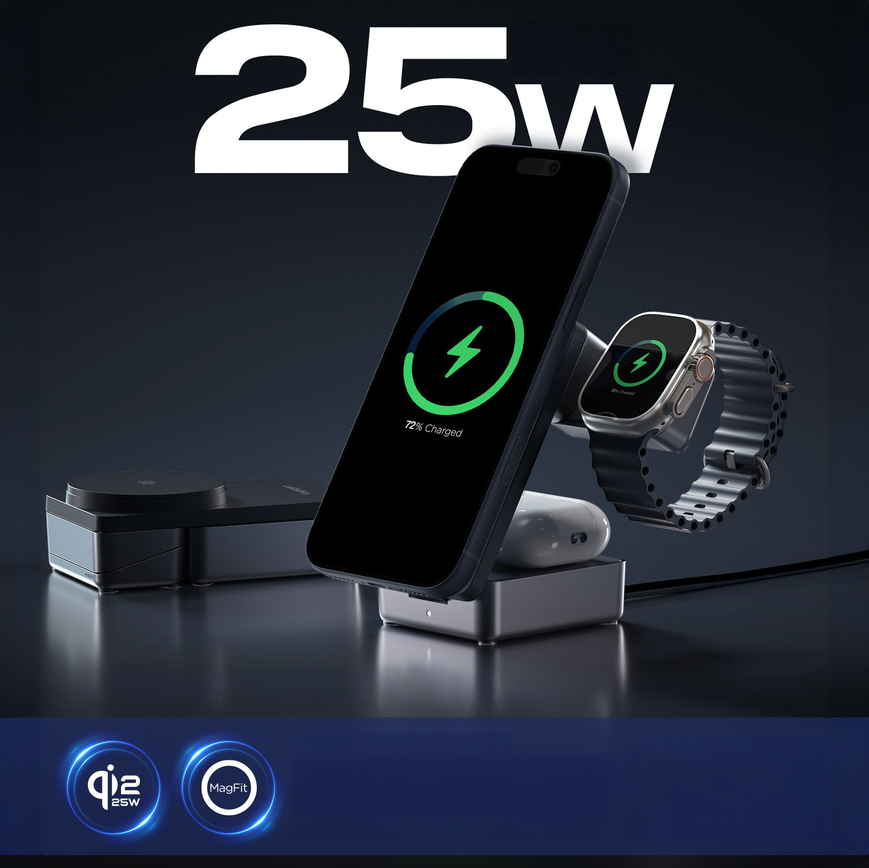 Ładowarka indukcyjna 3w1, Qi 2.2, 25W, Spigen Essential EF323MQ do MagSafe, kabel USB-C 60W, czarna