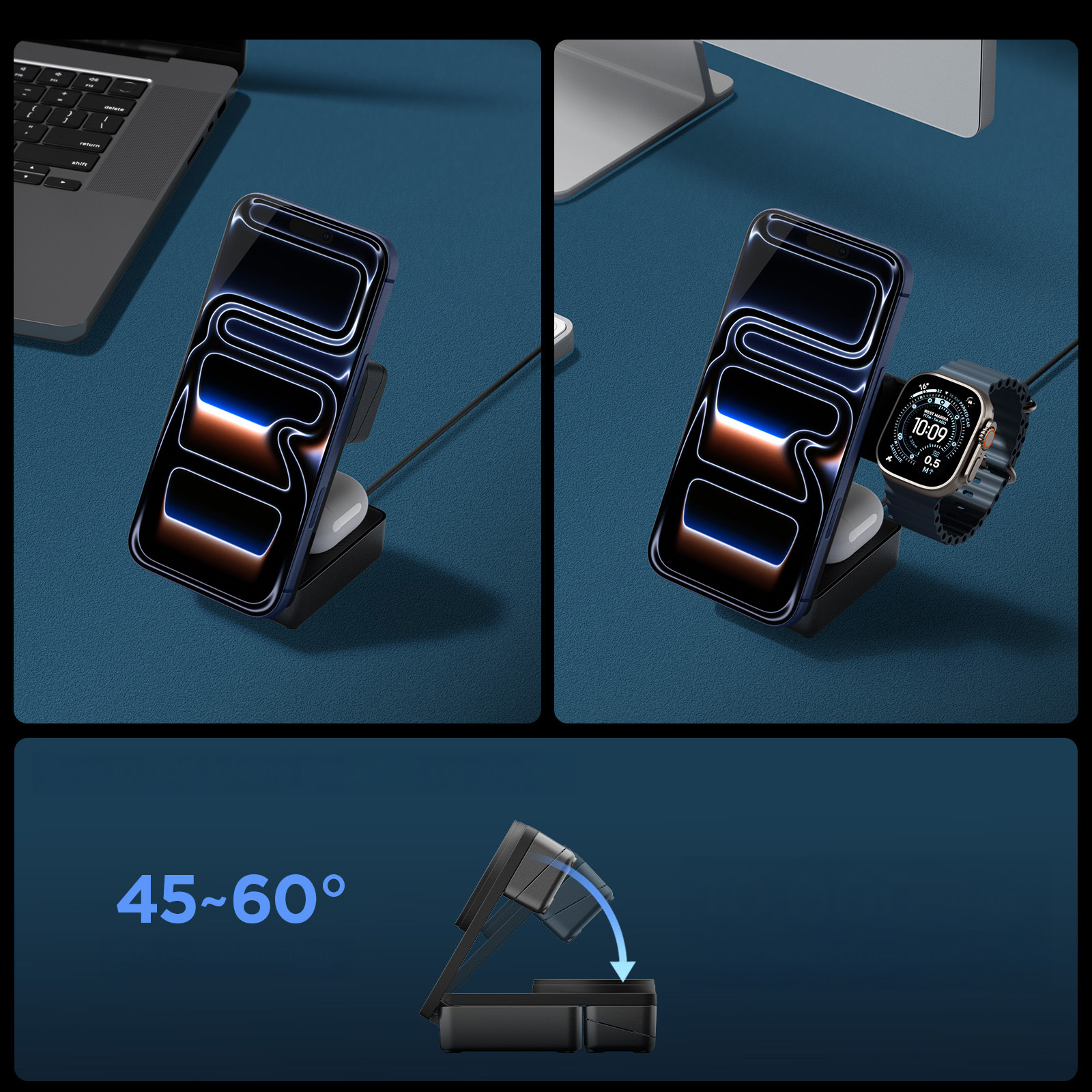 Ładowarka indukcyjna 3w1, Qi 2.2, 25W, Spigen Essential EF323MQ do MagSafe, kabel USB-C 60W, czarna