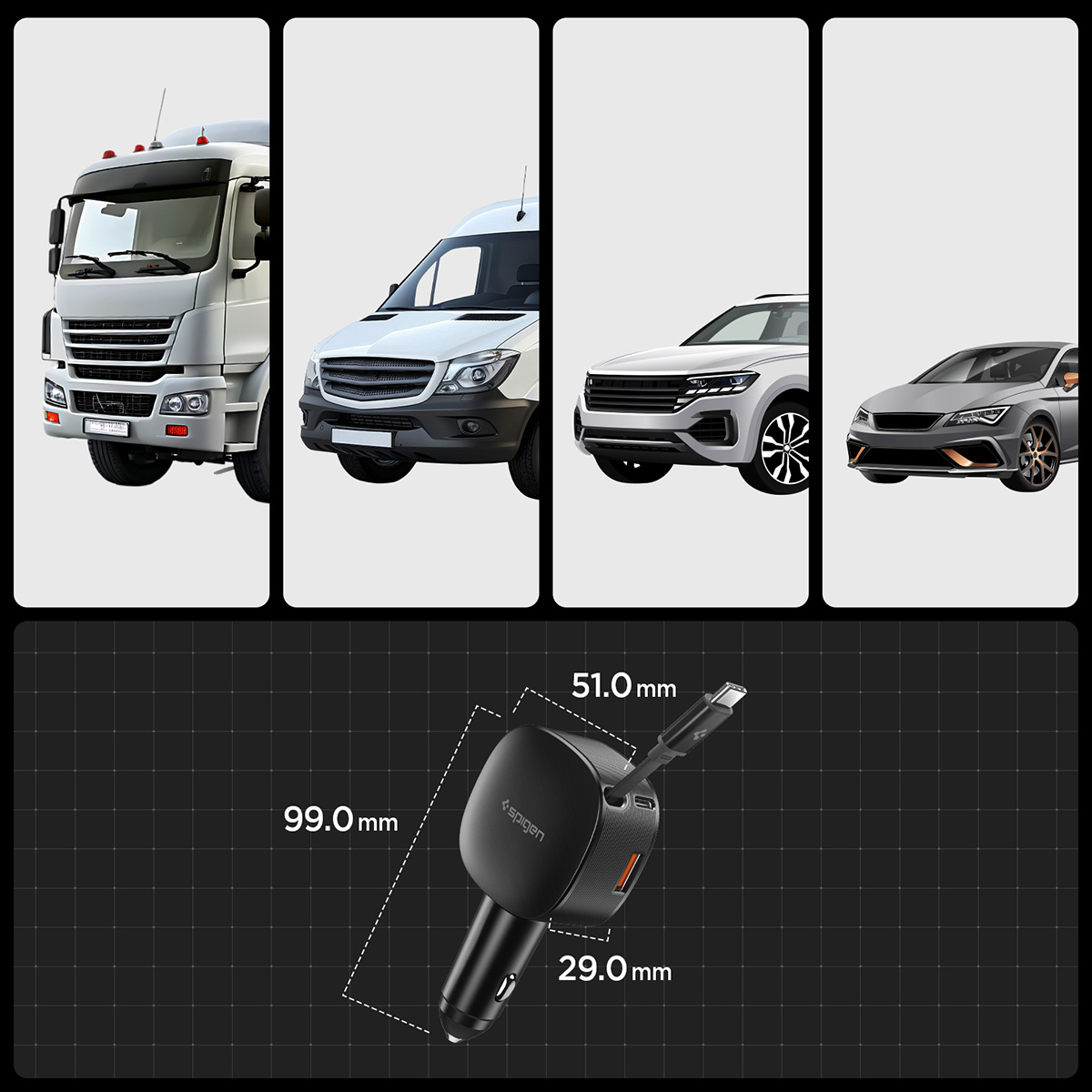 Ładowarka samochodowa Spigen Essential Car Charger EV603BT 60W z wysuwanym kablem USB-C, czarna
