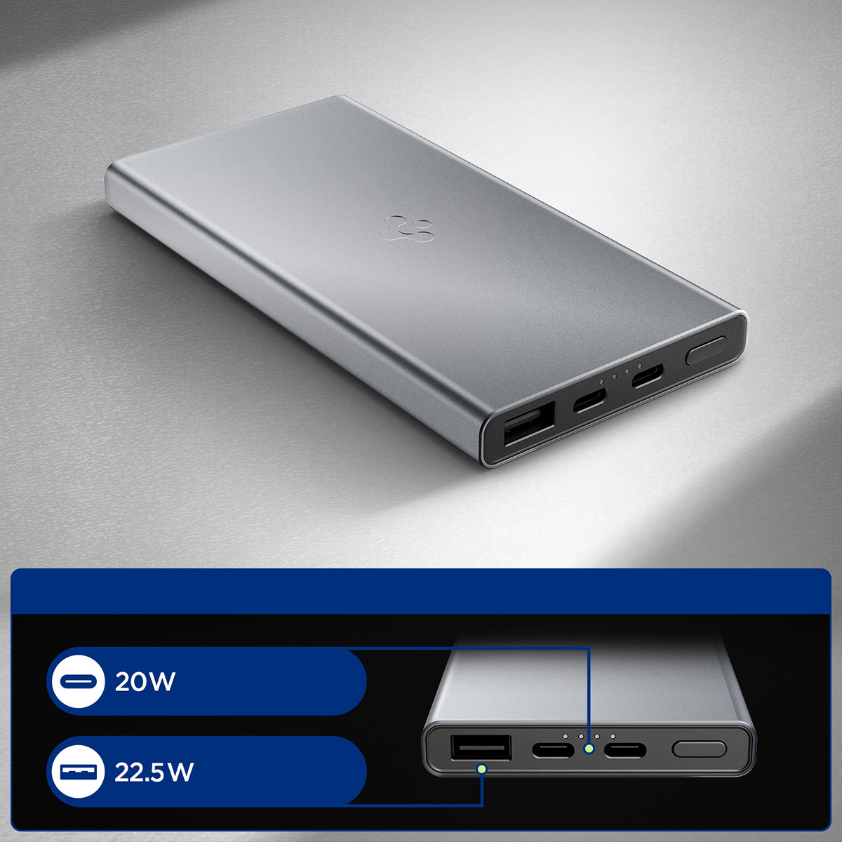 Spigen Essential Alloy Portable Charger EA2210, szybkie ładowanie wieloportowe zgodność uniwersalność mobilność, szary