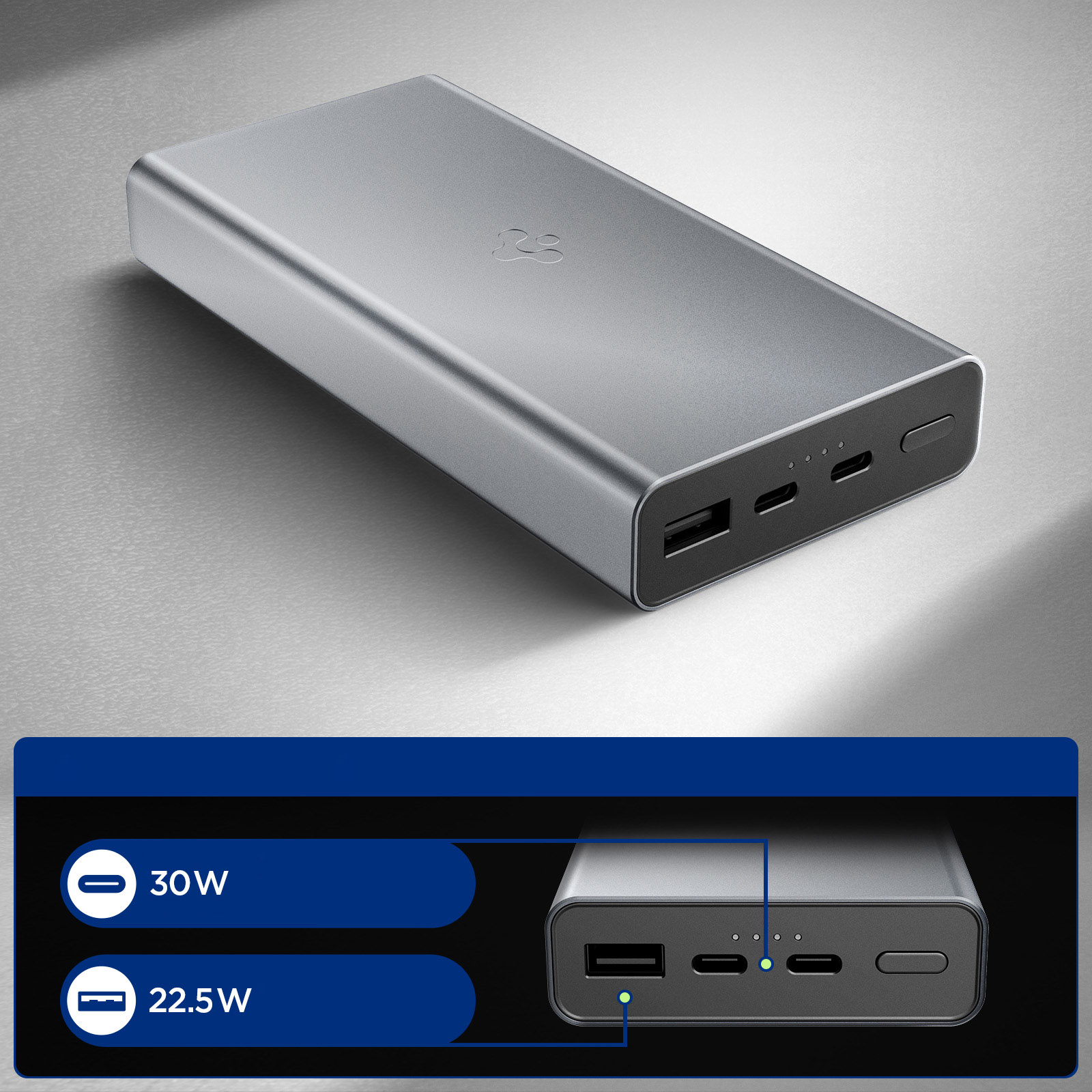 Spigen Essential Portable Charger EA3020, bezpieczne ładowanie solidna obudowa pewna ochrona wytrzymały, szary
