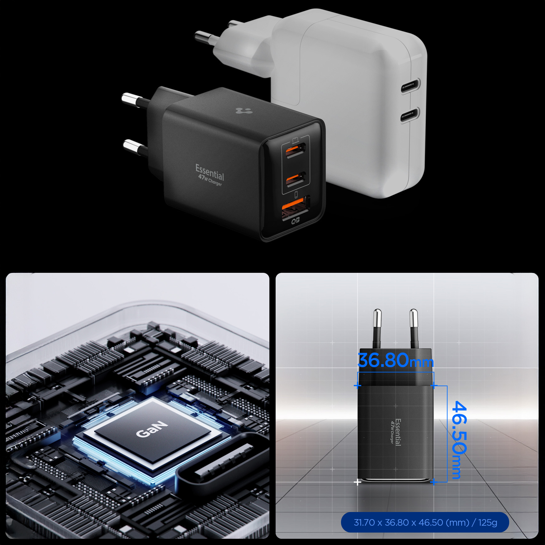 Ładowarka sieciowa GaN 2x USB-C / 1x USB-A, 47W, Spigen Essential EE473EU, czarna
