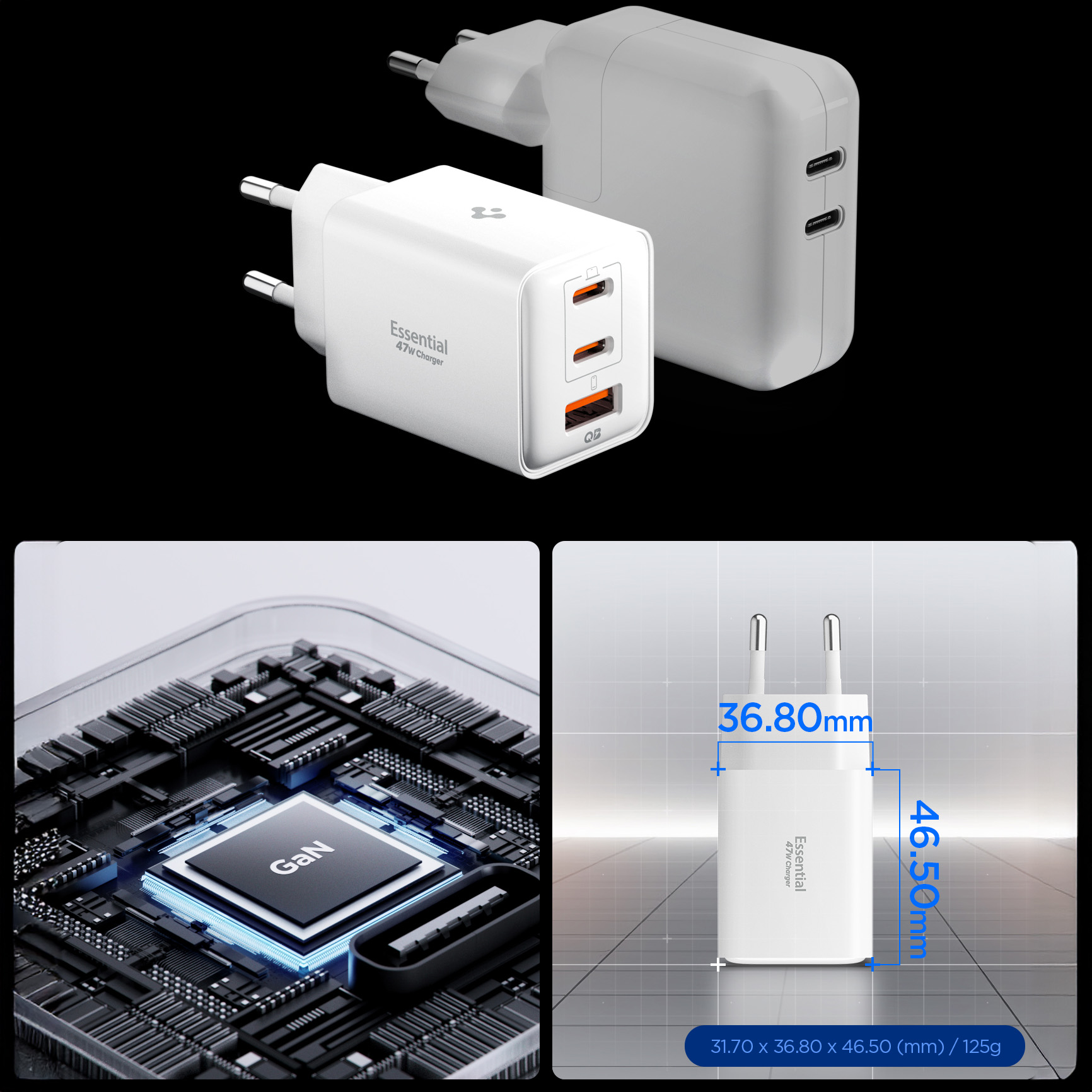 Ładowarka sieciowa GaN 2x USB-C / 1x USB-A, 47W, Spigen Essential EE473EU, biała
