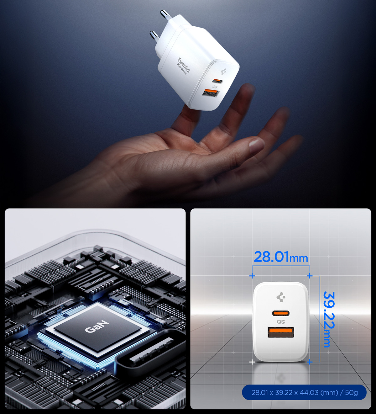 Ładowarka sieciowa Spigen Essential Wall Charger EE202EU GaN 20W z portami USB-C i USB-A, biała