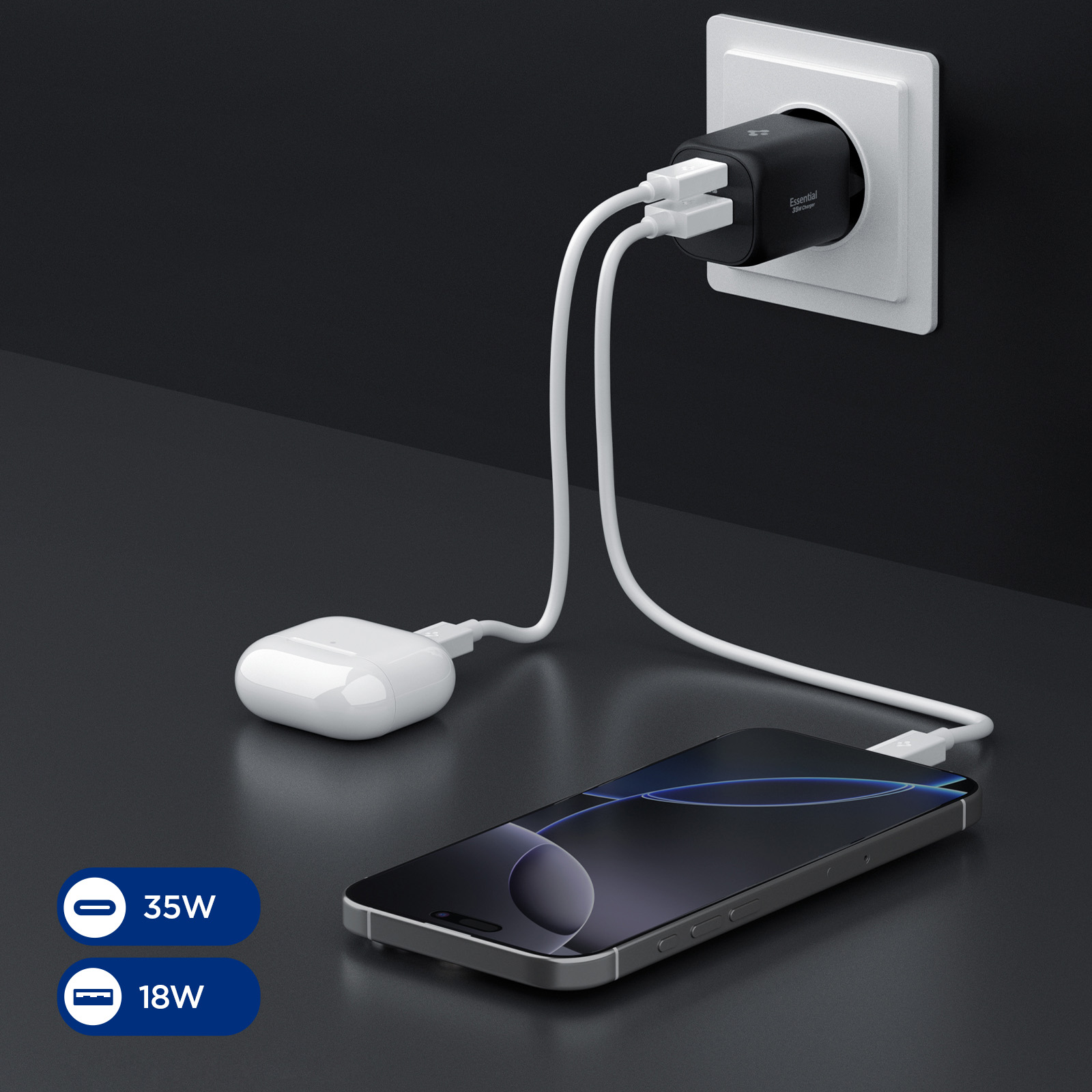 Ładowarka sieciowa Spigen Essential Wall Charger EE352EU GaN 35W z portami USB-C i USB-A, czarna