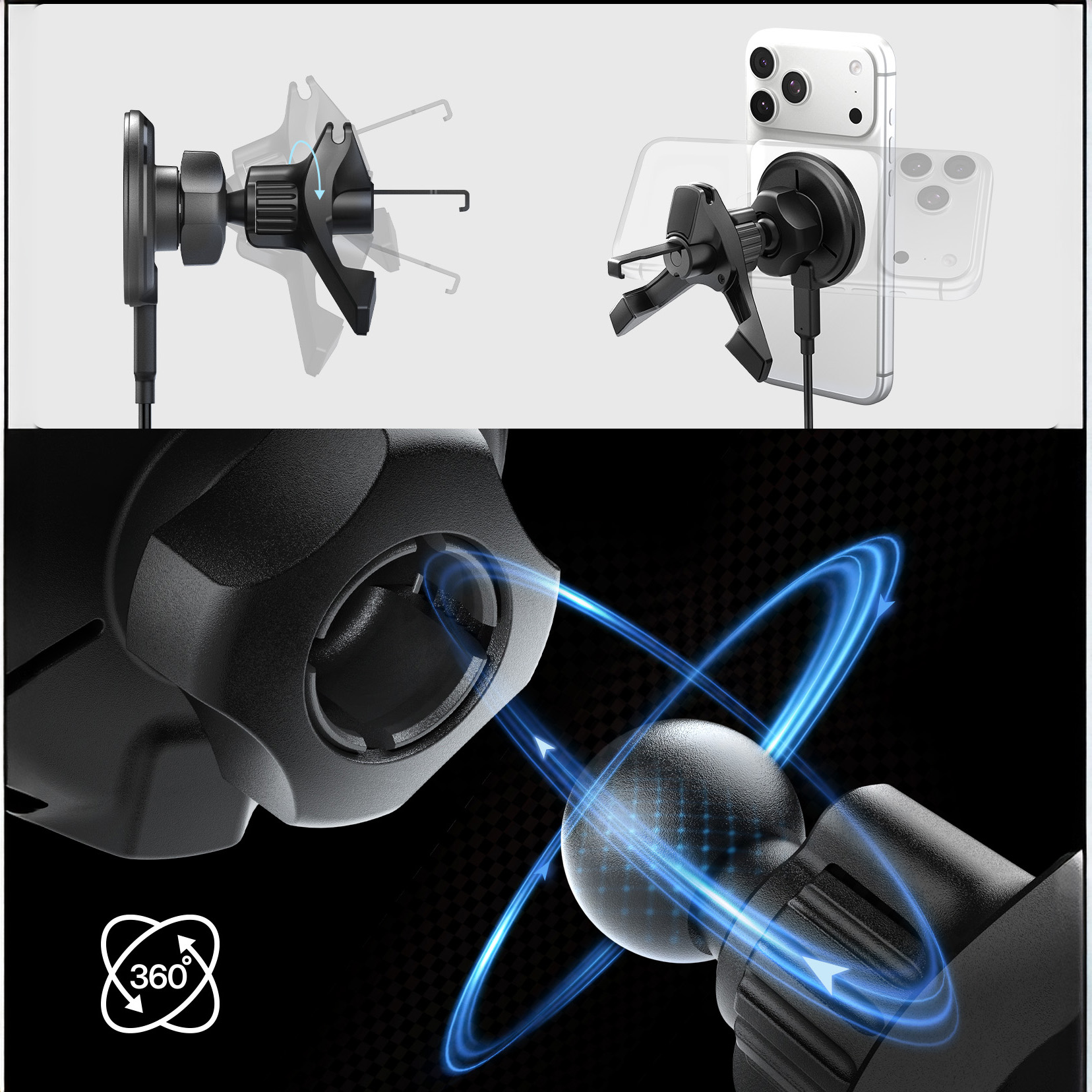 Uchwyt samochodowy Qi2 15W do MagSafe do kratki nawiewu, Spigen Essential EV15MAQ, kabel USB-C, czarny