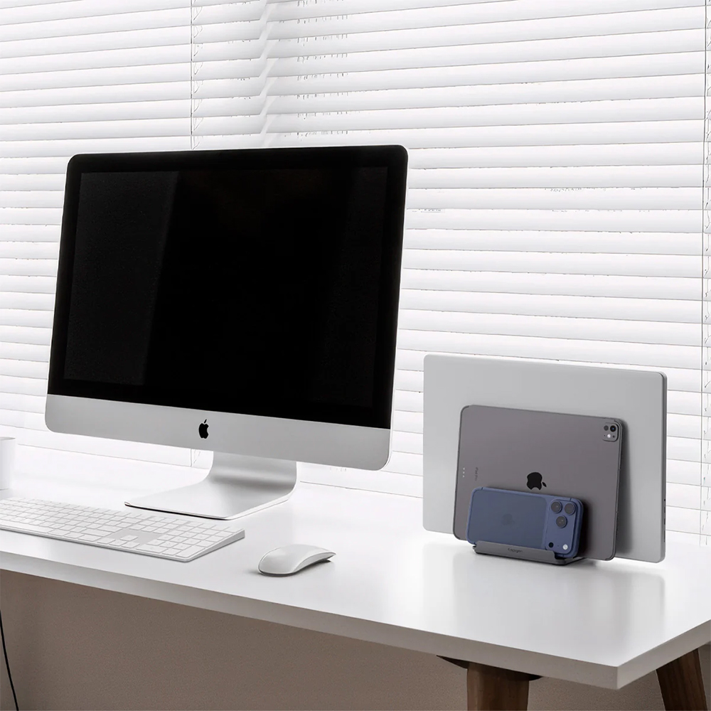 Spigen Vertical Laptop Stand, aluminiowa podstawka chłodząca laptopa, stabilna, srebrny