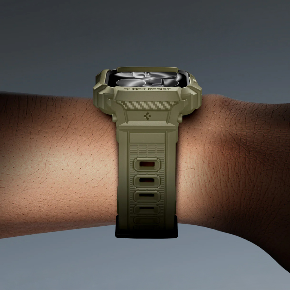 Etui z paskiem Spigen Rugged Armor Pro 2 do Apple Watch 11 / 10 (46 mm), ciemnozielone