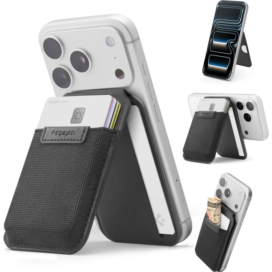Portfel na karty z podstawką Spigen Slim Fold Mag S314-4 do MagSafe, czarny