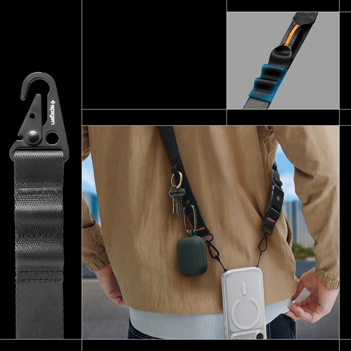 Smycz na szyję, nadgarstek do telefonu Spigen Tag Strap DA30M, czarna