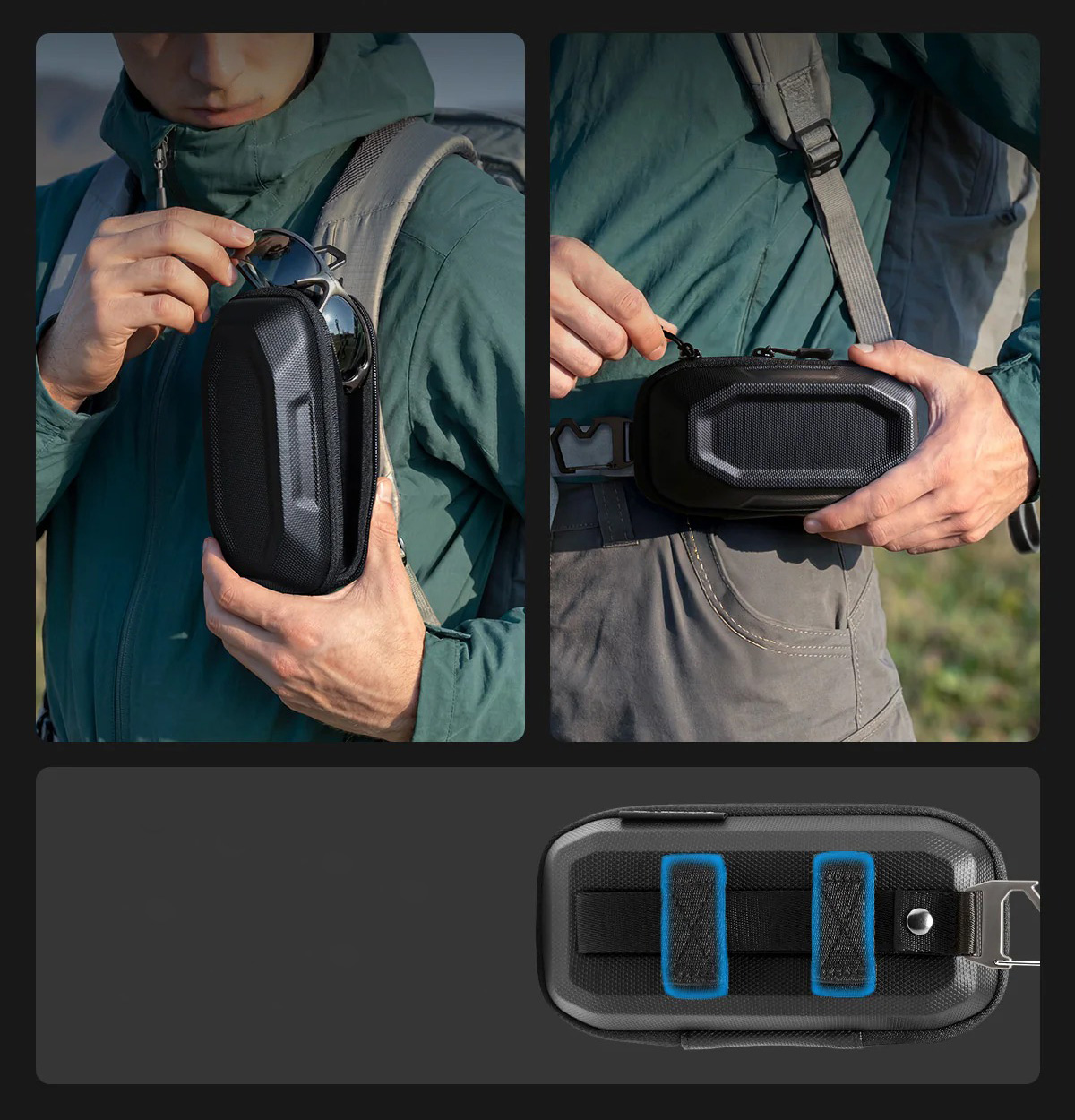 Spigen Universal Sunglass Case, wygodne mocowanie do torby, pionowe i poziome przypięcie, szybki dostęp, czarne