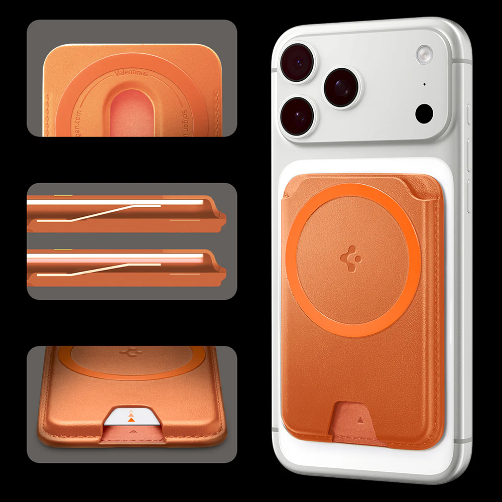 Spigen Valentinus MagSafe Wallet MagFit+, wegańska skóra, komfort EDC codzienny, trwały, pomarańczowy