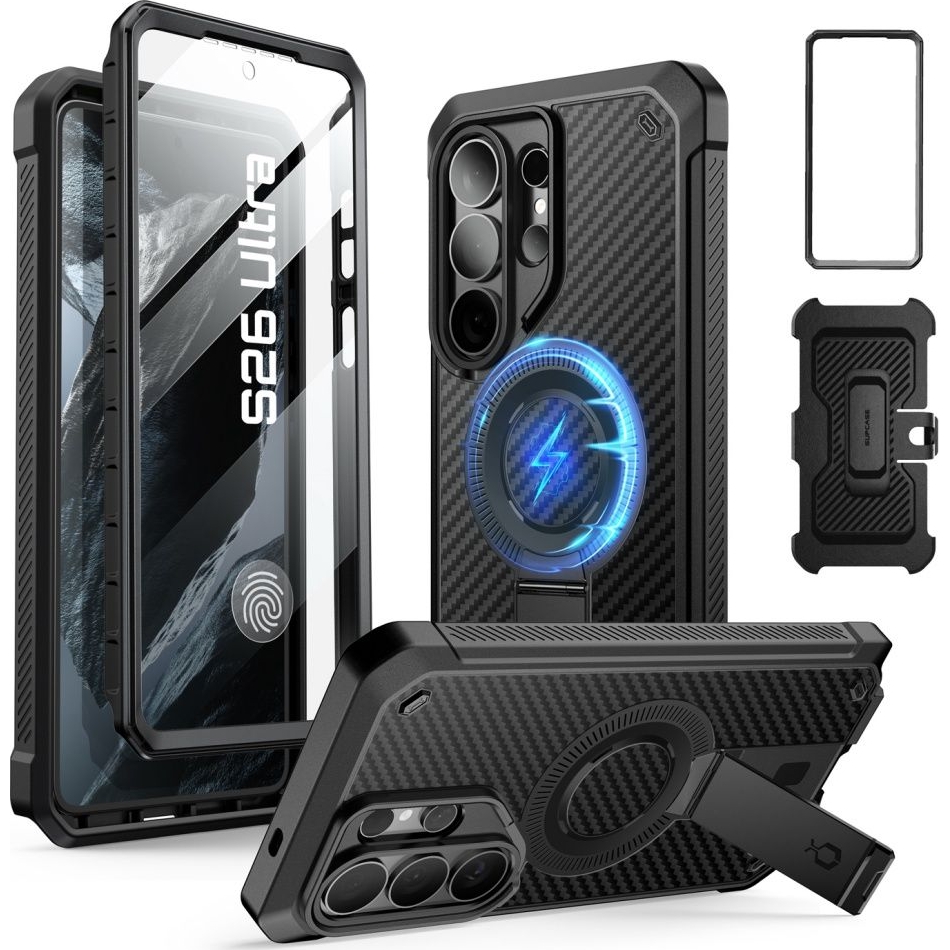 Etui pancerne Supcase Unicorn Beetle Pro Mag (SP + noSP) do Galaxy S26 Ultra, czarne z włóknem węglowym