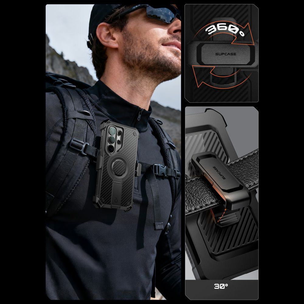 Etui pancerne Supcase Unicorn Beetle Pro Mag (SP + noSP) do Galaxy S26 Ultra, czarne z włóknem węglowym