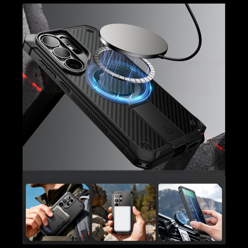 Etui pancerne Supcase Unicorn Beetle Pro Mag (SP + noSP) do Galaxy S26 Ultra, czarne z włóknem węglowym
