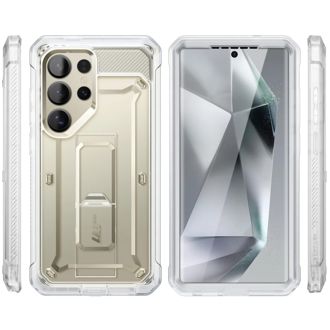 Etui pancerne z osłoną na ekran, z wbudowaną podstawką i kaburą z klipsem obrotowym Supcase Unicorn Beetle Pro do Galaxy S25 Ultra, przezroczyste