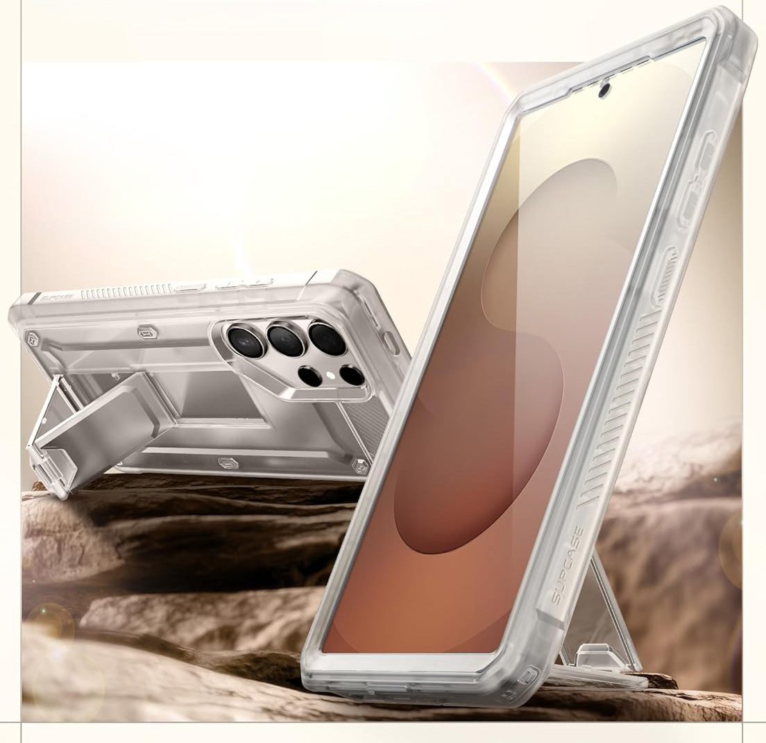 Etui pancerne z osłoną na ekran, z wbudowaną podstawką i kaburą z klipsem obrotowym Supcase Unicorn Beetle Pro do Galaxy S25 Ultra, przezroczyste