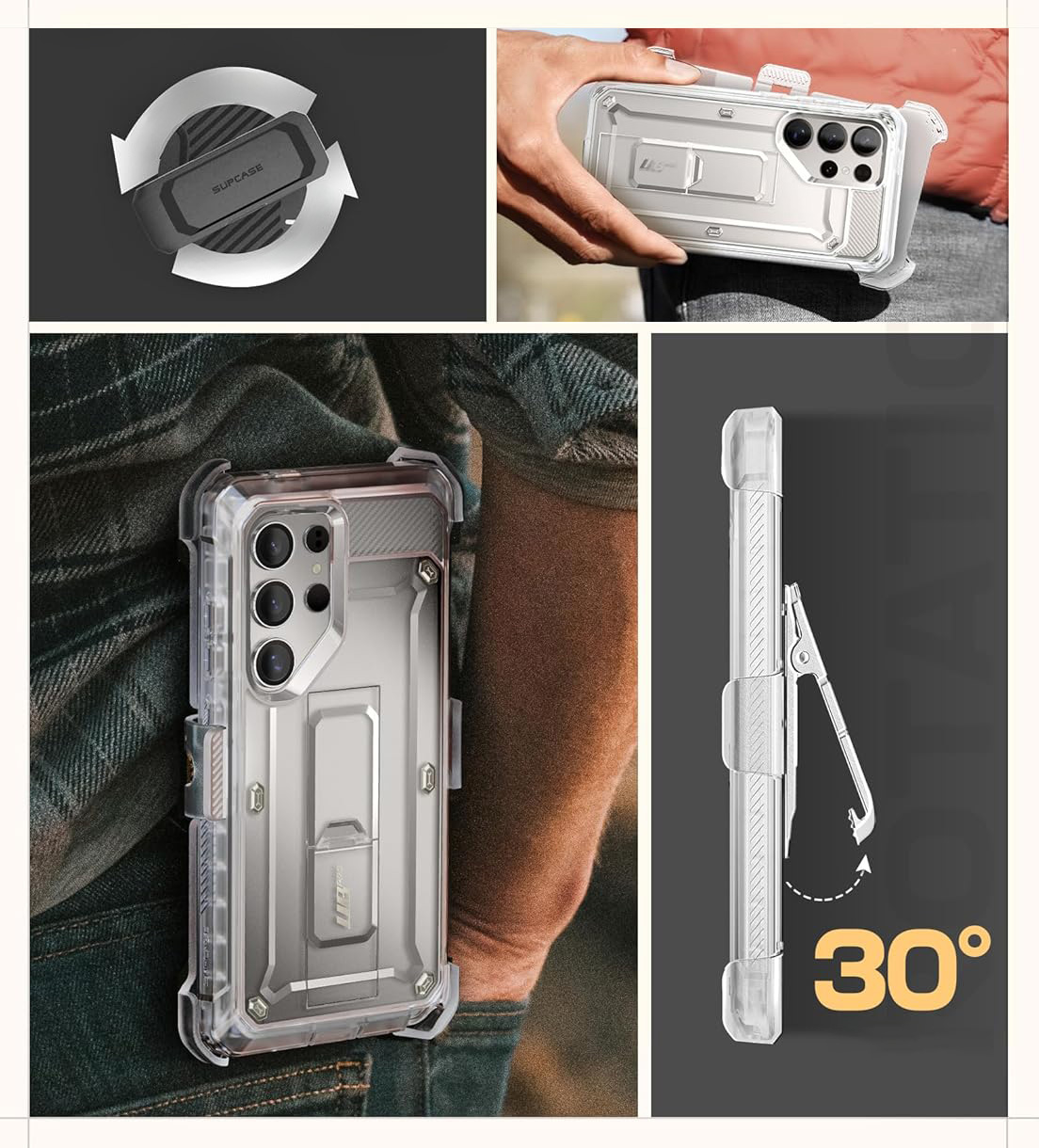 Etui pancerne z osłoną na ekran, z wbudowaną podstawką i kaburą z klipsem obrotowym Supcase Unicorn Beetle Pro do Galaxy S25 Ultra, przezroczyste