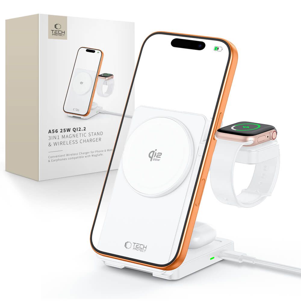 Tech-Protect A56 3in1, ładowarka bezprzewodowa Qi2.2 25W do smartfona Apple Watch i AirPods, biała