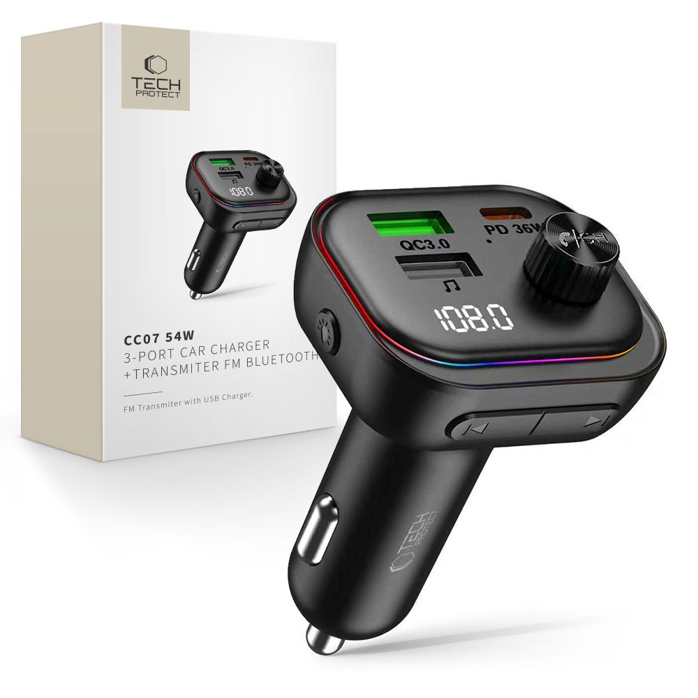 Transmiter FM z Bluetooth + ładowarka samochodowa 54W, Tech-Protect CC07, 2x USB-A, 1x USB-C, czarny